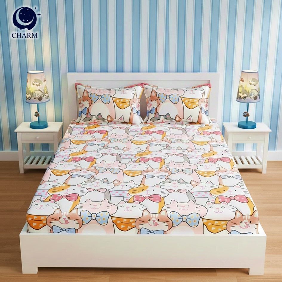 ชุดผ้าปูที่นอน 6 ฟุต 3 ชิ้น CHARM สี FAMILY MEOW คอลเลคชั่น DREAMY (ไม่รวมผ้านวม)_4